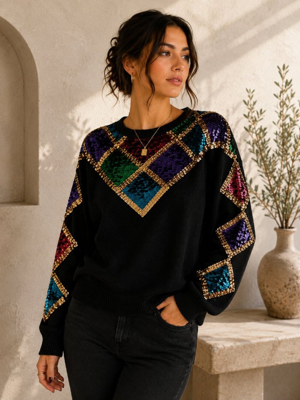 RARE Vintage RAVE Harlequin Sequin Sweater | Black Knit | Size L